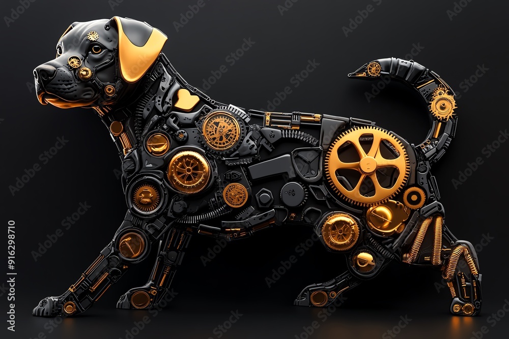 Poster mechanical dog sculpture with steampunk elements, featuring gears and machine parts on a dark backgr