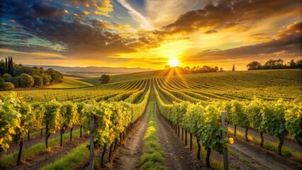 Naklejka premium Vineyard bathed in golden light at sunset, vineyard, sunset, agriculture, winery, grapevines, landscape, tranquil, rural