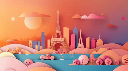 
Panoramic view of paris city skyline with world famous landmarks in paper cut style vector illustration