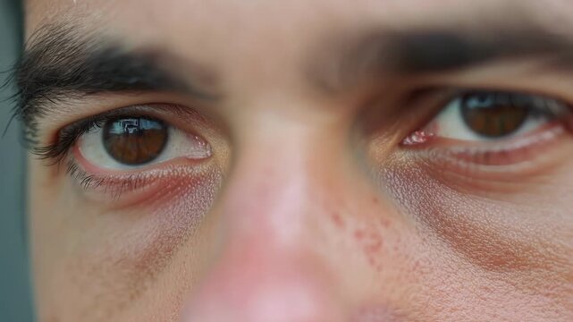 Tight shot of a linguists eyes filled with concentration as they analyze a difficult language concept.