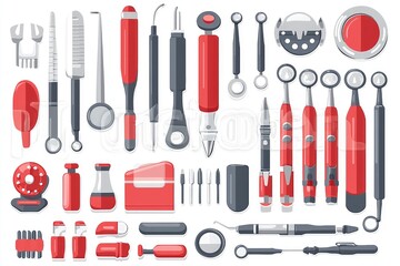 Fototapeta premium Dental tools and equipment flat cartoon icons set