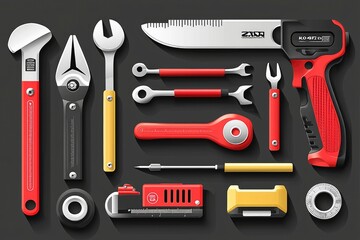 Set of Red and Black Tools with Long Shadows