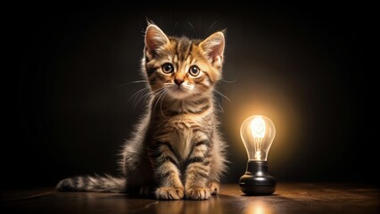 Cute kitten sitting in complete darkness with a light bulb , kitten, cute, darkness, light bulb, adorable, pet, feline