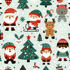 Simple vector seamless pattern for kids with Santa, Christmas tree and snowflakes. Christmas print for wrapping paper, Christmas cards, scrapbooking