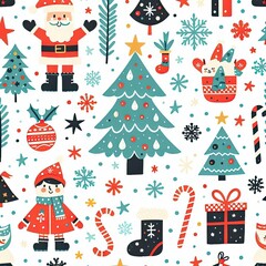 Simple vector seamless pattern for kids with Santa, Christmas tree and snowflakes. Christmas print for wrapping paper, Christmas cards, scrapbooking