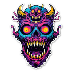 A neon-colored sticker of a grotesque monster skull with horns.