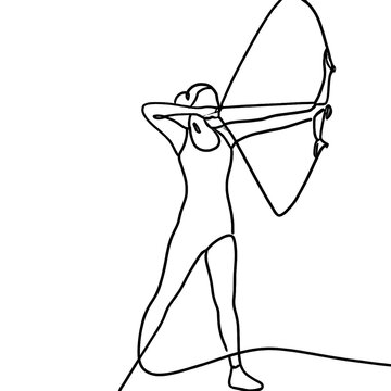 recommend clip art: Single continuous line drawing of young professional archer woman focus aiming archery target