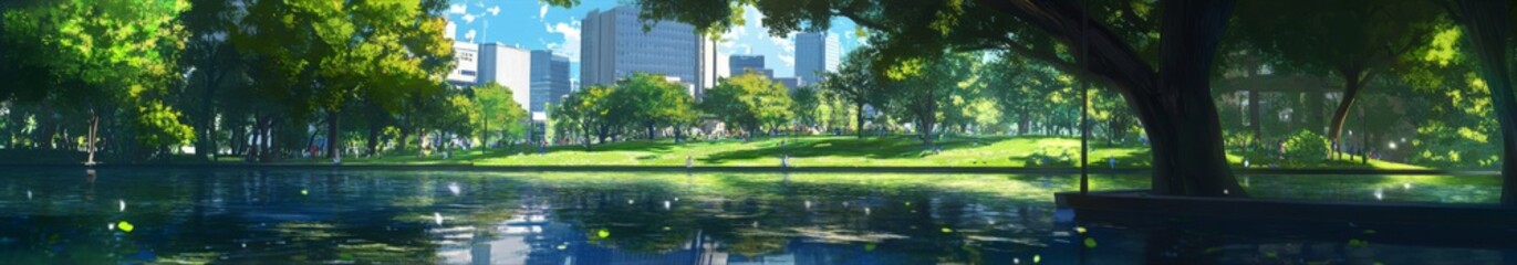 Obraz premium Urban Oasis: A Tranquil Anime-Style Park in the Heart of a Bustling City, Offering Peace and Serenity Amidst the Hustle and Bustle,Abstract concepts, game concept art, storybook illustrations