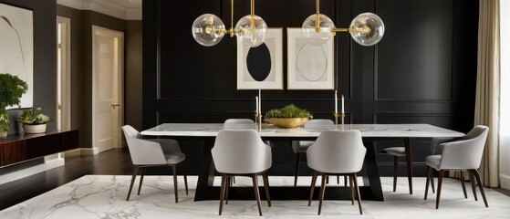 Sophisticated dining room featuring modern furniture, stylish lighting, and chic decor. Ideal for interiors and luxury living spaces.