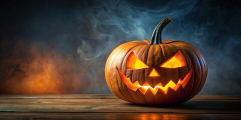 Naklejka premium Spooky Halloween Jack O Lantern with evil face and eyes on background, pumpkin, Halloween, Jack O Lantern, spooky, evil