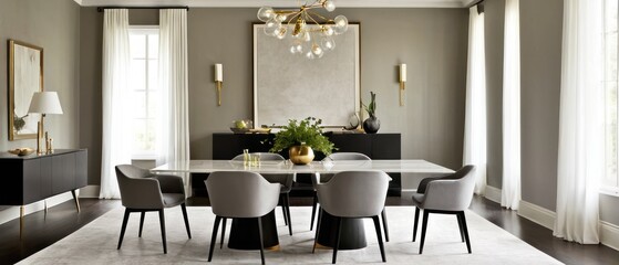 Sophisticated dining room featuring modern furniture, stylish lighting, and chic decor. Ideal for interiors and luxury living spaces.
