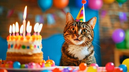 cat with party hat and birthday cake
