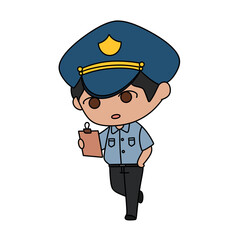 A cartoon police officer is holding a clipboard and wearing a blue hat