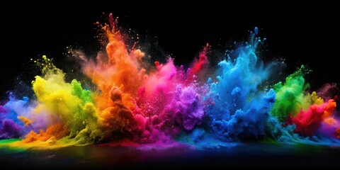 Fototapeta premium Vibrant colors splashed on dark black background, colorful, vibrant, paint splatter, abstract, modern, artistic, creative, contrast
