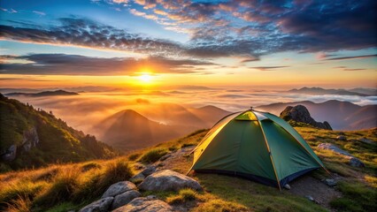 Camping tent perched on mountain peak at sunrise, travel and vacation concept, tent, camping, outdoor, adventure
