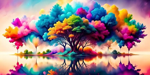 Rainbow Dreams: A vibrant, surreal landscape with colorful trees reflected in a still lake.  The digital painting evokes a sense of wonder and joy, inspiring dreams and imagination.