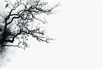 Stark black-and-white image of bare tree branches extending into a white background, creating a minimalist and haunting visual effect, perfect for themes related to nature, solitude, and winter.