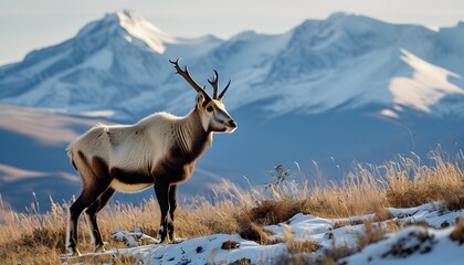 Wild animals on the hills stand gracefully against the background of distant snowy mountains.