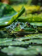 Obraz premium Close-Up of a Green Frog on Lily Pads in a Serene Pond Environment