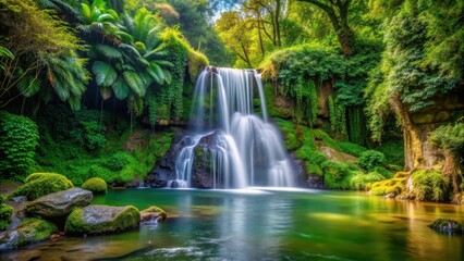 A serene, peaceful waterfall surrounded by lush greenery, inspiring peace and tranquility , Waterfall, Serene, Peaceful, Lush