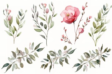 Watercolor set of green leaves and pink flowers.