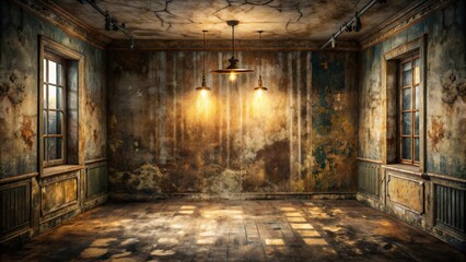 Obraz premium Grunge room with distressed walls, vintage decor, and dim lighting, grunge, room, distressed, walls, vintage, decor, dim, lighting