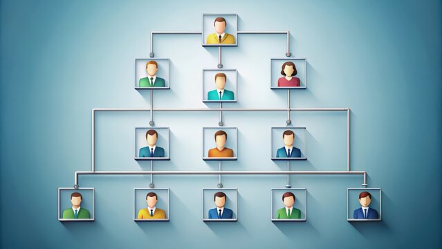 Organization chart showing hierarchy of employees, corporate, structure, team, management, business, company