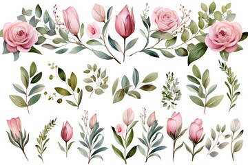 Watercolor set of pink roses, tulips, and leaves.