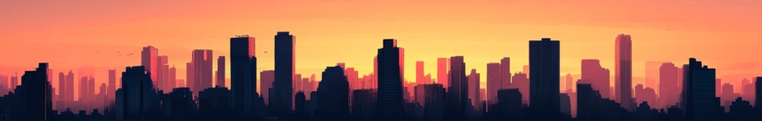 Fototapeta premium Urban Skyline Silhouette: Animated Style Depiction of Skyscrapers at Sunset on the Horizon, Reflecting the Dynamic Cityscape.
