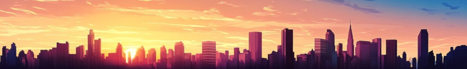 Obraz premium Urban Skyline Silhouette: Animated Style Depiction of Skyscrapers at Sunset on the Horizon, Reflecting the Dynamic Cityscape.