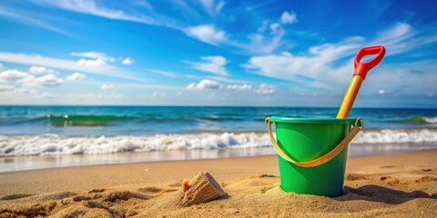 A close-up shot of a bucket and shovel at the beach, eimer, schaufeln, sandspielzeug, kinderspielzeug, sommer, ferien, freizeit