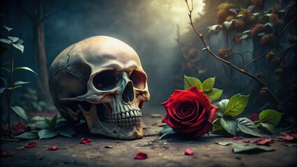 Skull with rose in gothic garden, dark valentine romance wallpaper with copy space, skull, rose, garden, gothic