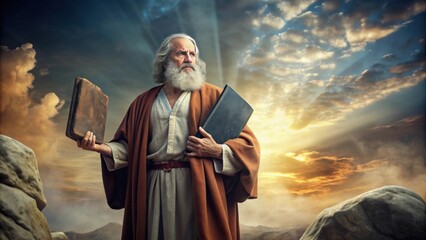 Moses holding stone tablets with 10 commandments, Moses, stone tablets, Ten Commandments, religious, biblical, prophet