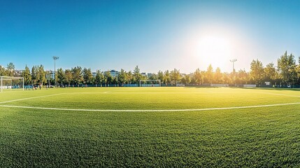 Sunny Soccer Field: A vibrant green soccer field bathed in the golden sunlight of a clear blue sky. The perfect setting for a thrilling match or a moment of peaceful contemplation. 