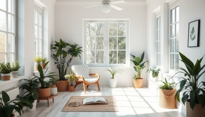 Cozy Sunlit Room with Plants and a Book.