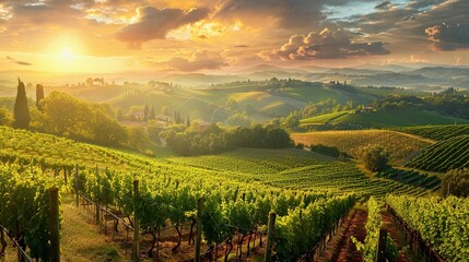 Naklejka premium Rolling Hills Vineyard at Sunset with Golden Clouds
