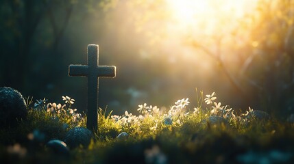 Hope in the Light: A weathered wooden cross stands tall amidst a field of wildflowers, bathed in the golden glow of the setting sun, offering a poignant reminder of faith and eternal hope. 