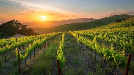 Obraz premium Sunset Over Vineyard Rows on a Hillside