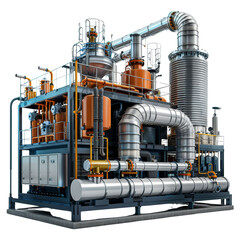 Industrial machinery with pipes and tanks, isolated on white background, transparent background