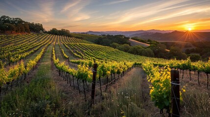 Naklejka premium Golden Hour Vineyard Rows with Sunset over Distant Mountains