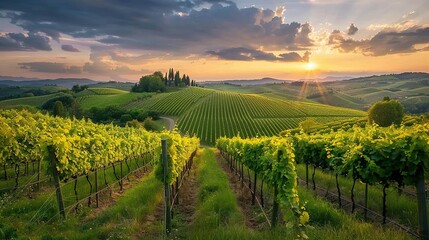 Fototapeta premium Sunset Over Rolling Hills With Vineyards