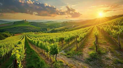Naklejka premium Sunlit Vineyard Landscape with Golden Hour Sunset Over Rolling Hills