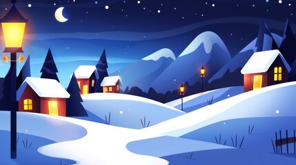 A winter nights charm as a snowy path guides you to a festive village aglow with twinkling lights.