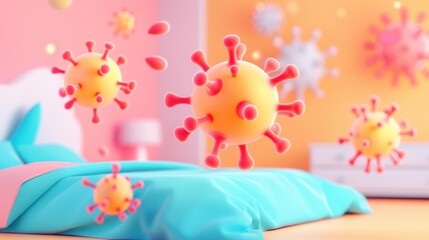 A whimsical 3D rendering of a cozy bedroom, highlighted by a cartoonish virus cluster floating playfully above.