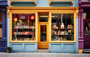 Eclectic Flower Shop Exterior with Brightly Painted Doors and Window Displays