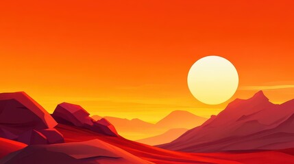 A vibrant sunset casts fiery reds and oranges over a stunning canyon, as the sun sinks below the horizon in a cartoonish style.