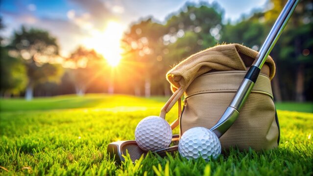 Golf ball and golf club in bag on green grass, golf, sport, equipment, tee time, recreation, golfing, outdoors, leisure, activity