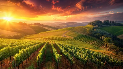 Naklejka premium Tuscan Vineyard at Sunset with a Golden Sky