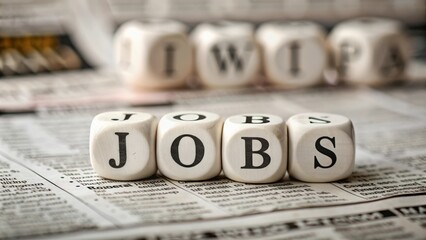 Dice with the word JOBS on a newspaper, employment, opportunities, careers, recruitment, hiring