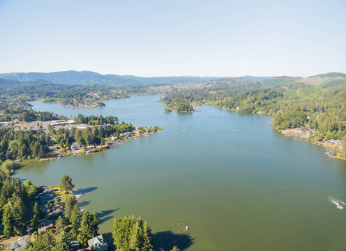 A lake with a town in the background